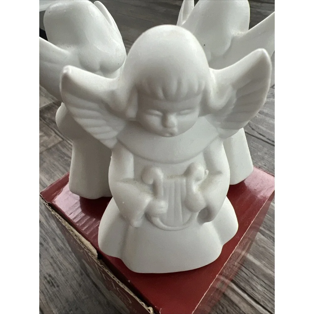Vintage Porcelain Bisque Candle Holder White Angel Trio Christmas Centerpiece